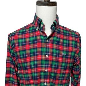 Vineyard Vines Shirt Mens Small Red Green Plaid Flannel Button Down Whale